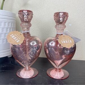 NEW Set of 7.5” Valentines Glass Heart Candle Holders